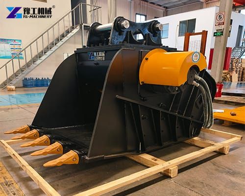 heavy‑duty crusher bucket mounted on excavator