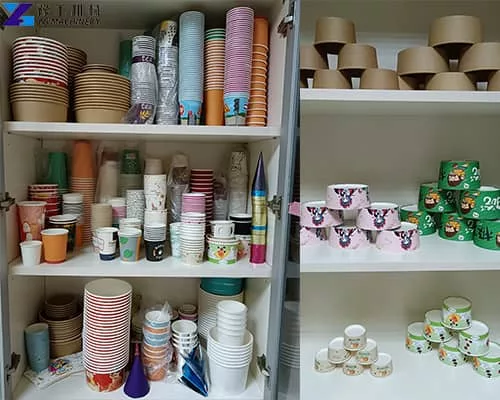 Paper cups of various sizes on a shelf